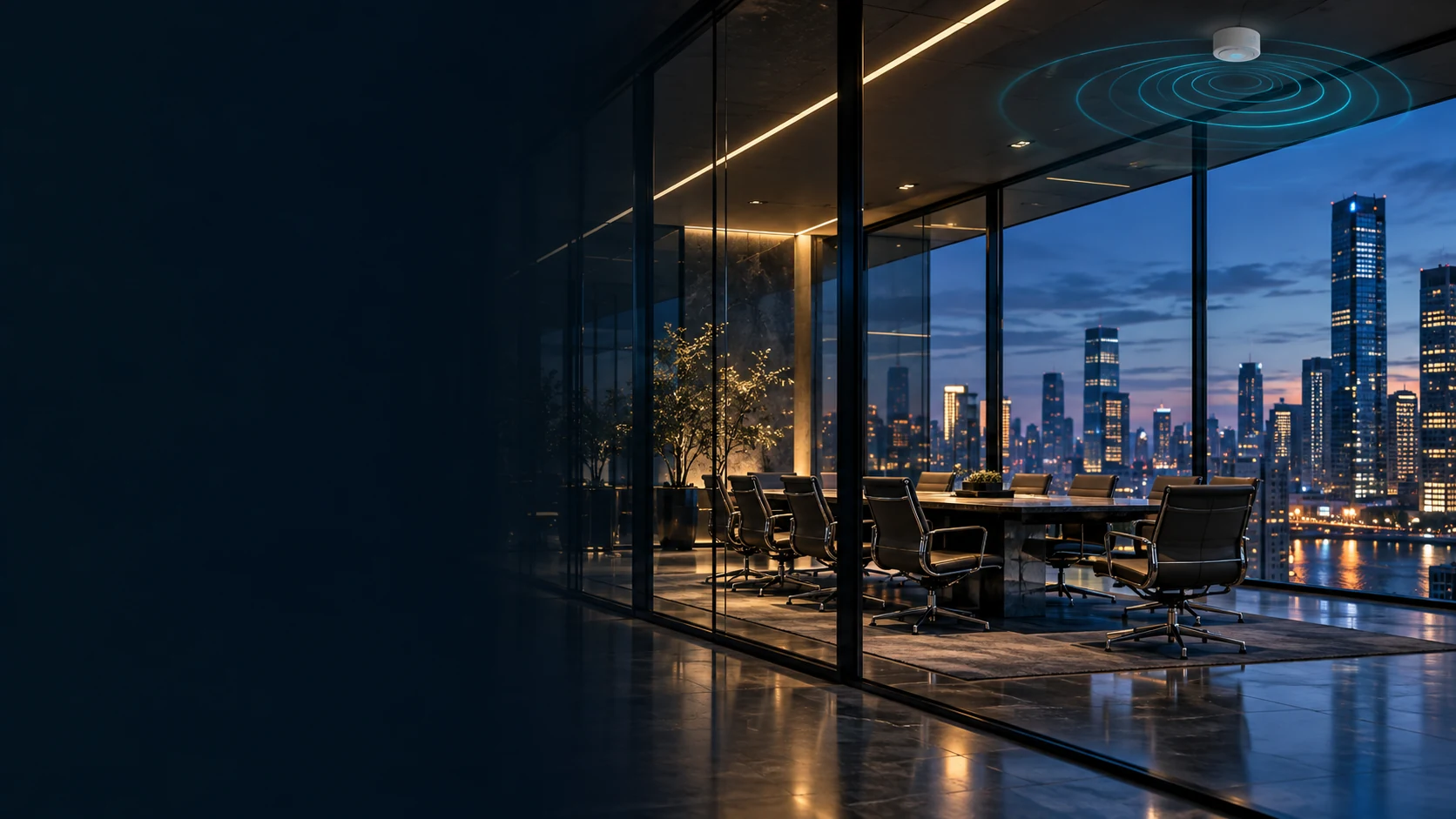Modern glass architecture with an illustrative sensing field